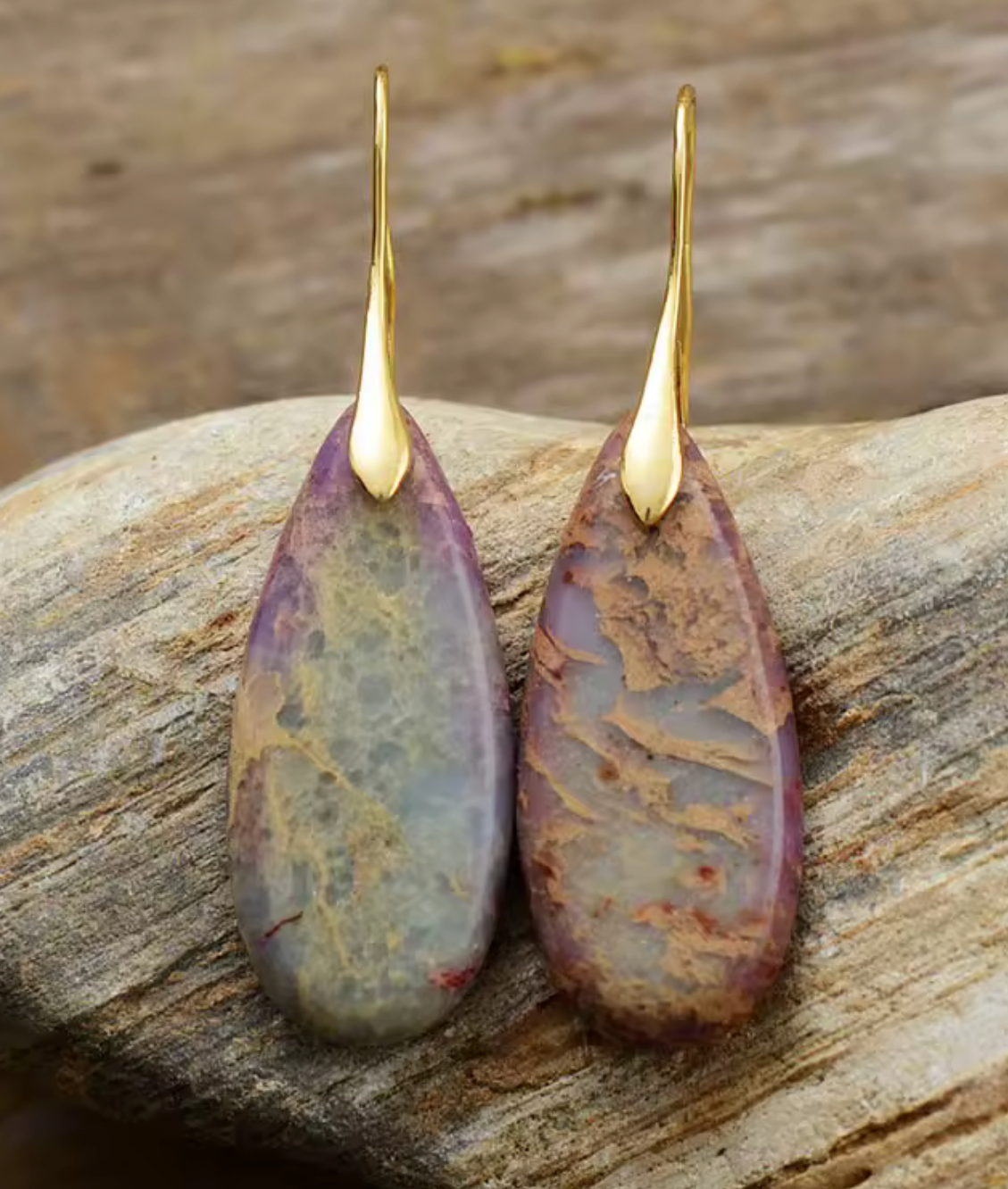 Golden Veil Jasper Drop Earrings with elongated teardrop jasper stones and gold-plated hooks