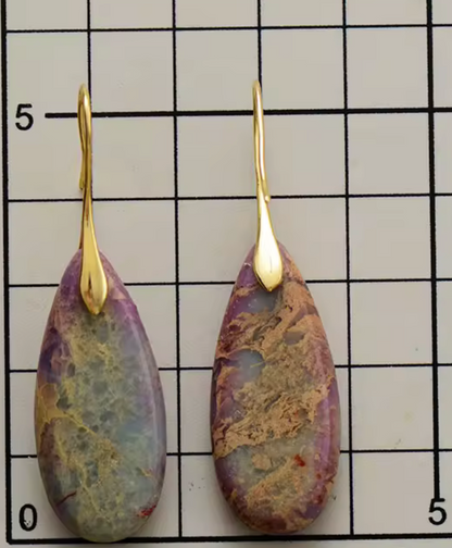 Golden Veil Jasper Drop Earrings with teardrop jasper stones in lavender, blue, and gold tones on gold-plated hooks.