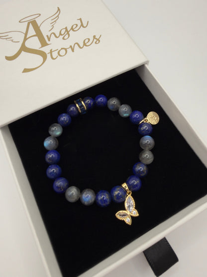 Lapis Lazuli and Labradorite bracelet with butterfly charm showcasing deep blue and iridescent stones on stretch cord