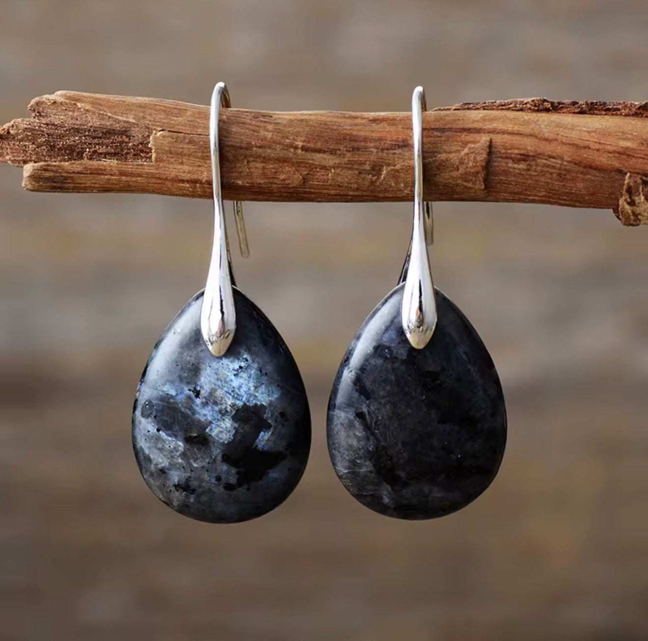 Northern Shadow Larvikite Drop Earrings with polished teardrop stones and silver-blue flashes in gold and silver finishes