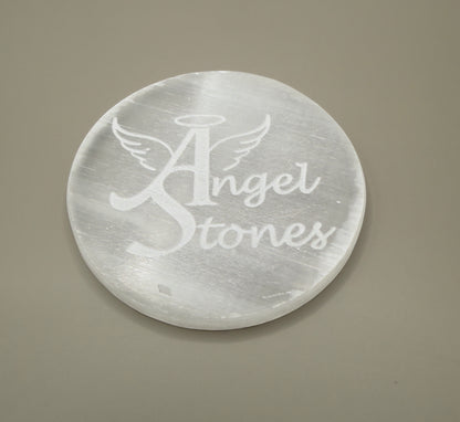Angel Stones selenite charging plate with engraved wings and halo design for crystal cleansing and recharging