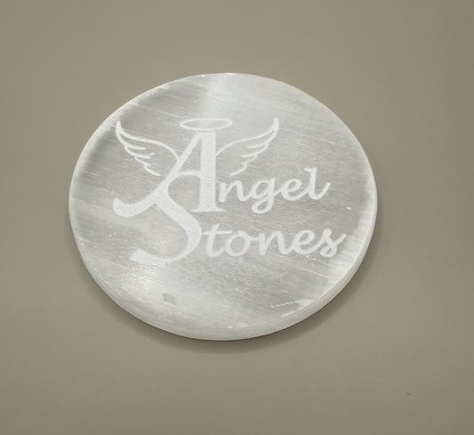 Angel Stones selenite charging plate with engraved wings and halo design for crystal cleansing and recharging