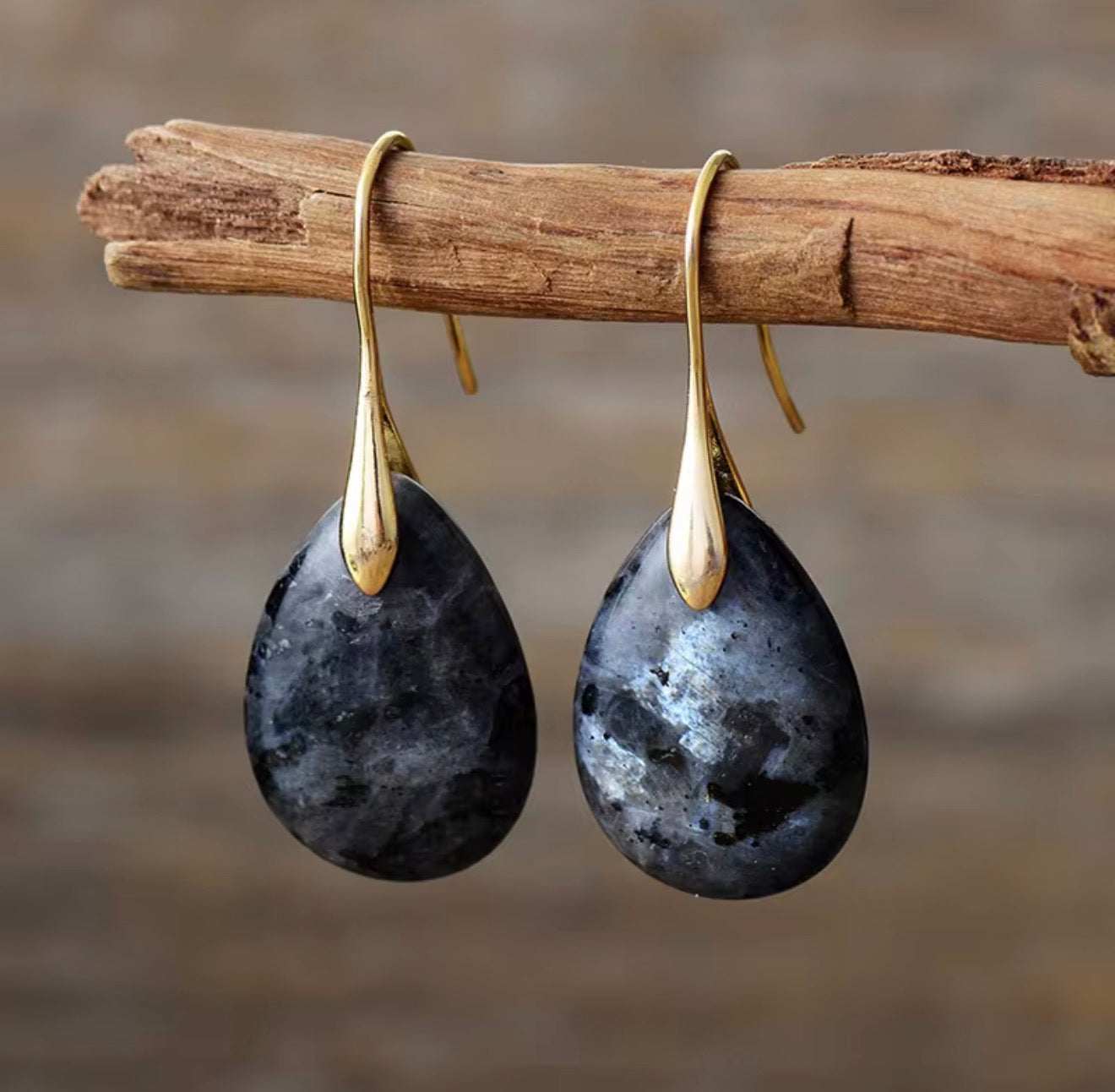 Northern Shadow Larvikite Drop Earrings with polished teardrop stones and silver-blue flashes in gold and silver finishes