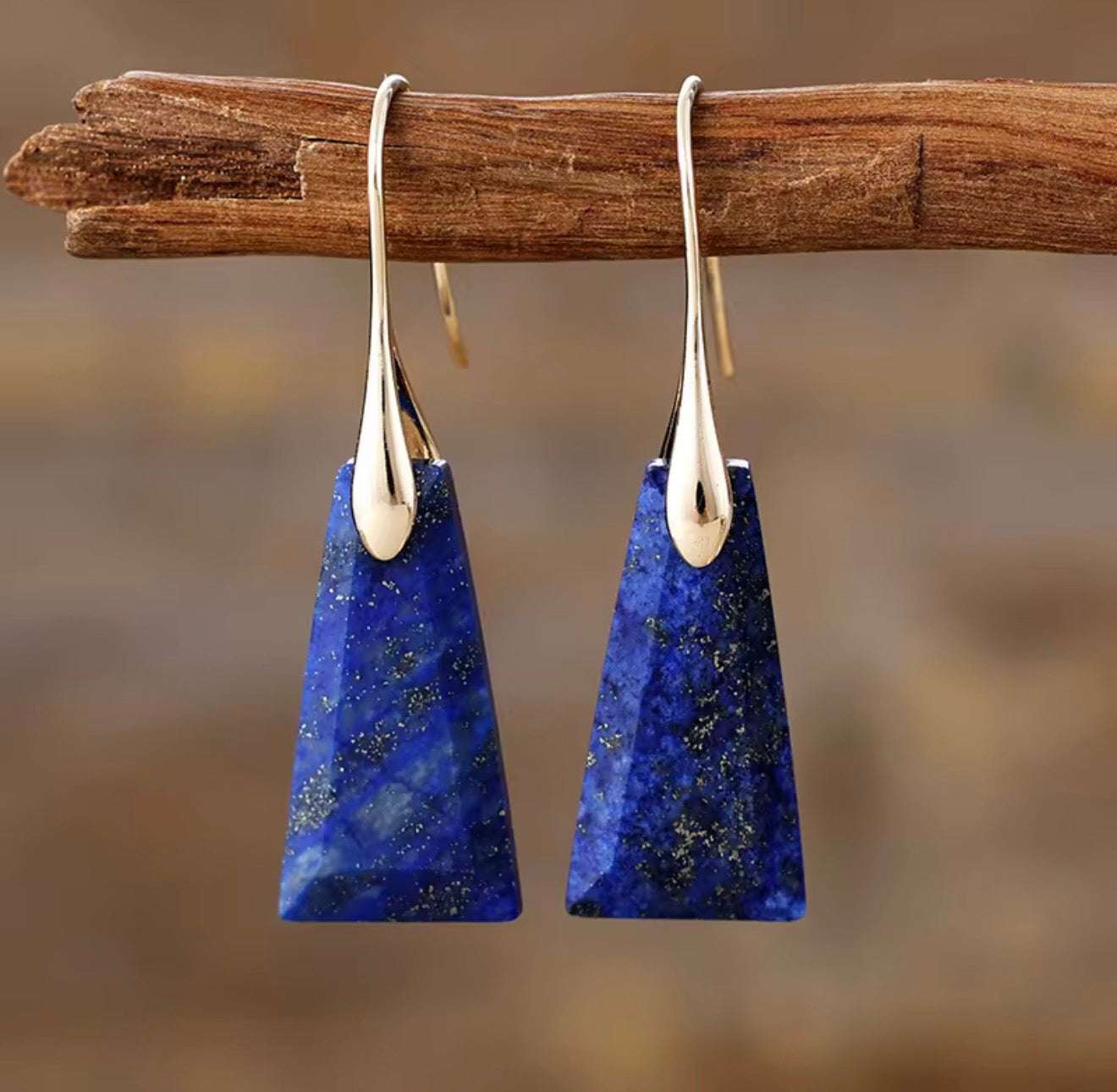 Midnight Constellation Lapis Lazuli Drop Earrings with deep royal blue stones and gold flecks in geometric drop design