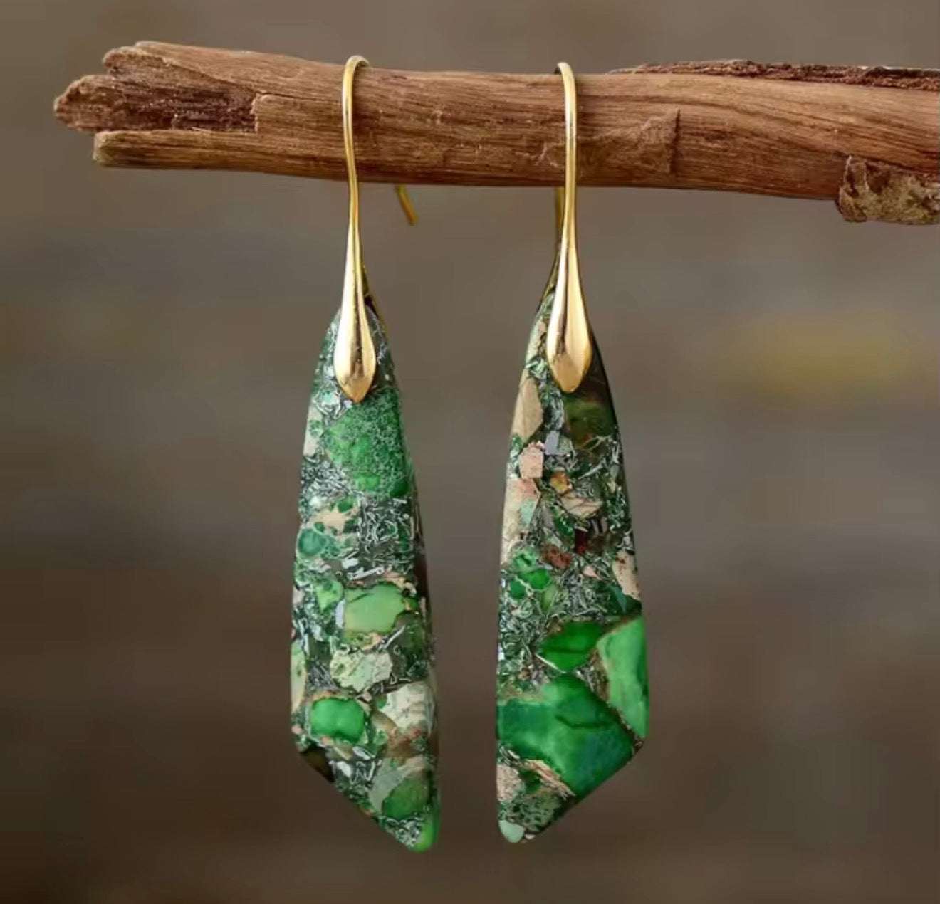 Emerald Mosaic Jasper Drop Earrings with green and earthy patterns in gold or silver hooks