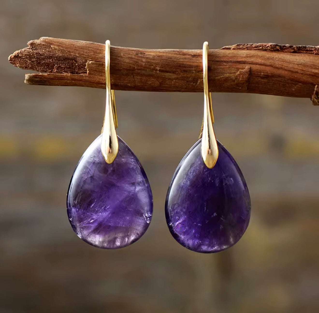 Violet Serenity amethyst drop earrings with gold hooks and natural purple tones