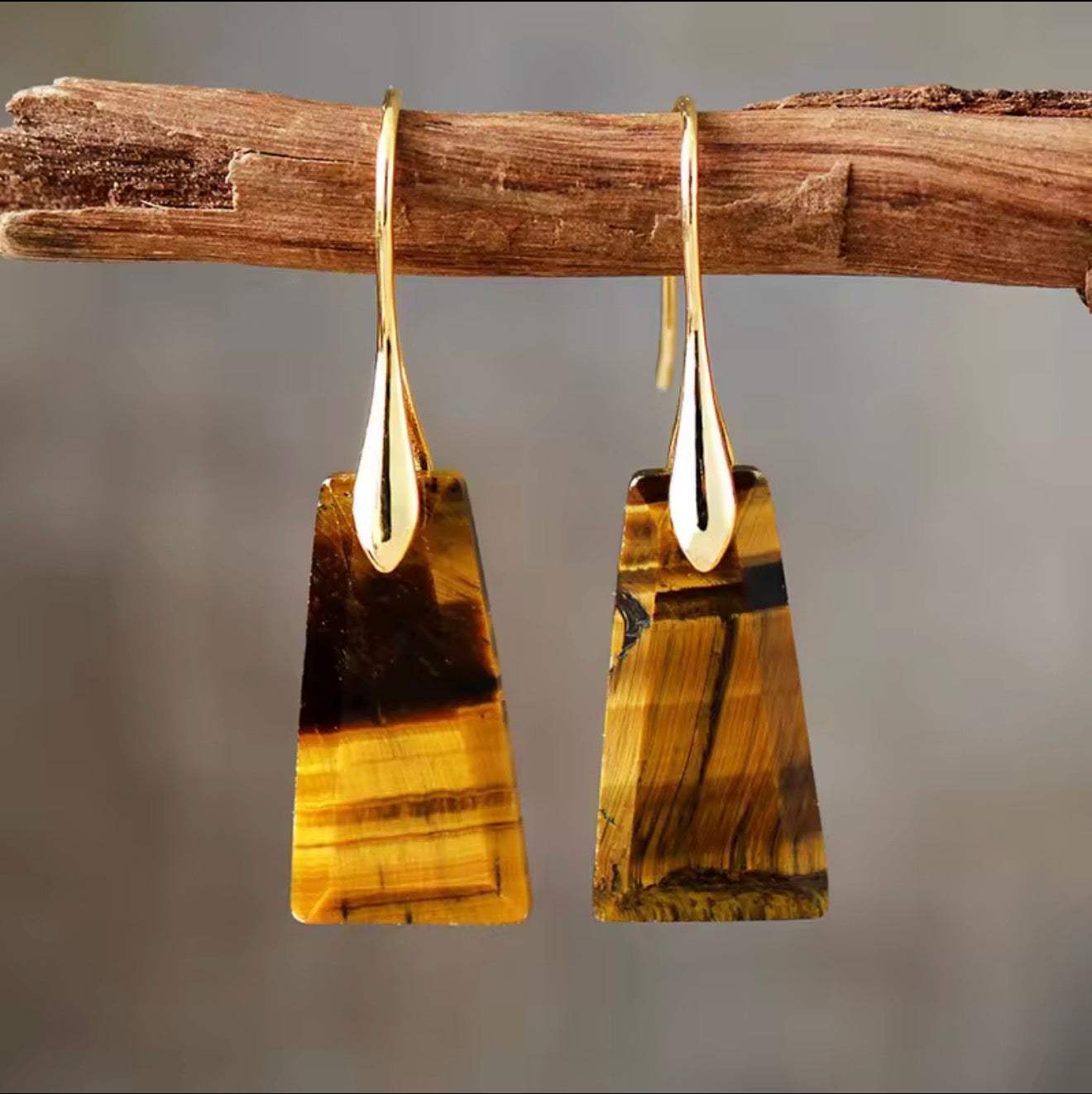 Golden Ember Tiger Eye Drop Earrings with honey and bronze bands on gold hooks