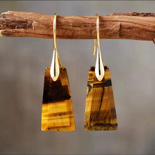 Golden Ember Tiger Eye Drop Earrings with honey and bronze bands on gold hooks