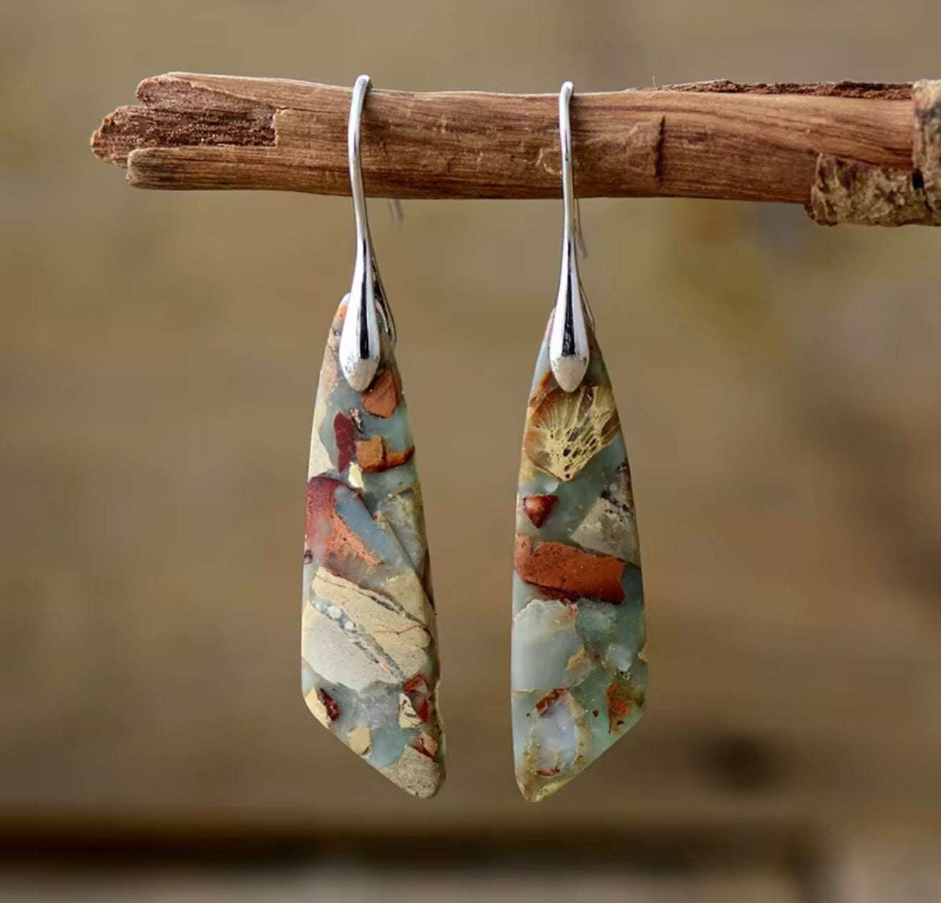 Northern Shadow Larvikite drop earrings with natural earthy mosaic jasper stones in elongated design