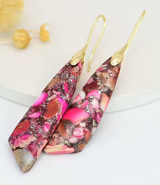 Blush Ember Jasper drop earrings with elongated angular pink, brown, and neutral jasper stones on gold-tone hooks