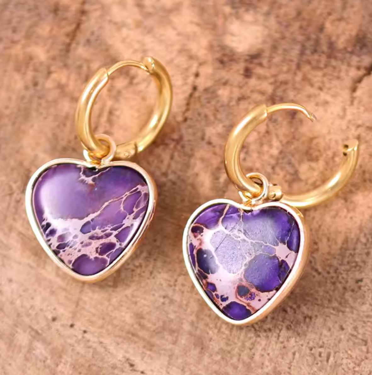 Violet Heart Jasper Huggie Earrings heart-shaped stone earrings with gold-tone huggie hoops