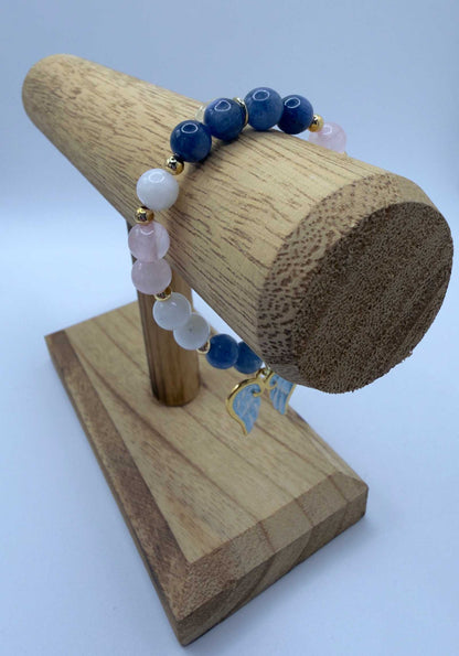 Blue kyanite moonstone rose quartz grief bracelet with optional angel wings charm, handcrafted for emotional healing and comfort