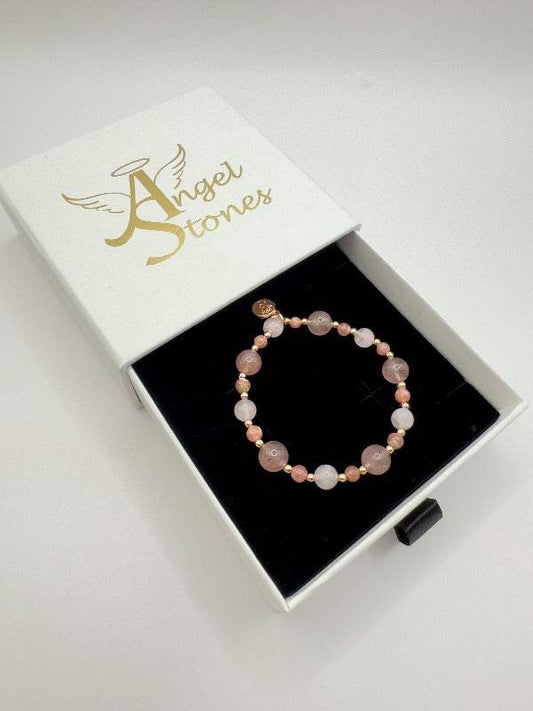 Love Harmony Bracelet with strawberry quartz, rose quartz, and rhodochrosite beads in rose gold accents in Angel Stones box