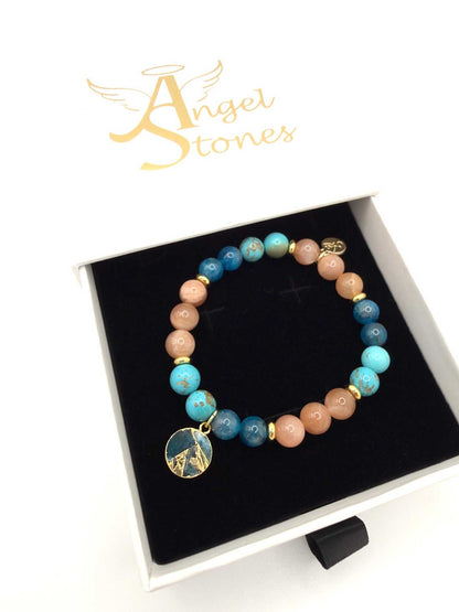 Ocean of Possibilities Bracelet with 8mm apatite, sunstone, and turquoise gemstones on stretch cord