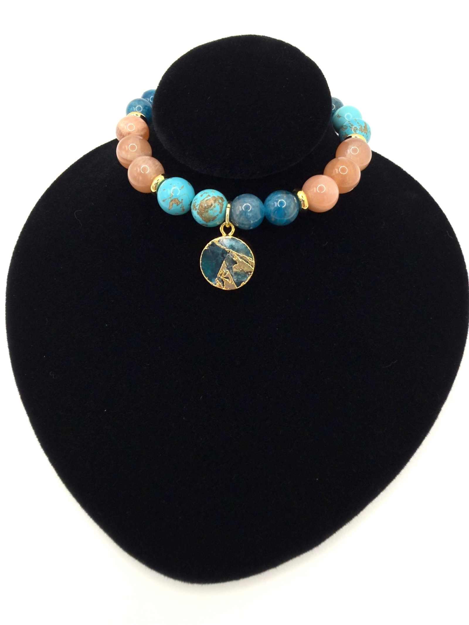 Ocean of Possibilities Bracelet with natural 8mm apatite, sunstone, and turquoise gemstones on stretch cord
