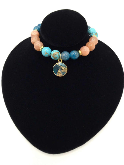 Ocean of Possibilities Bracelet with natural 8mm apatite, sunstone, and turquoise gemstones on stretch cord