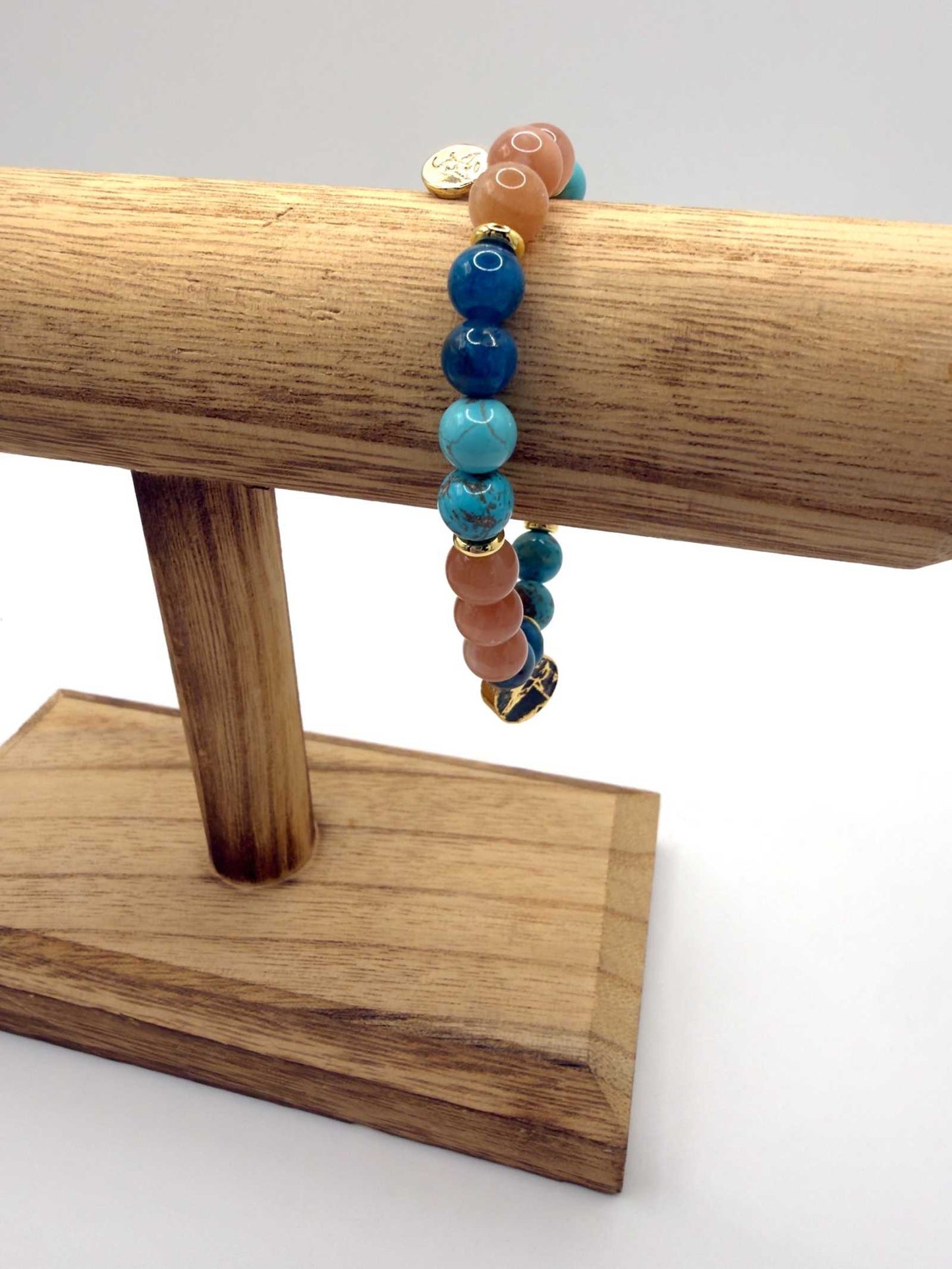 Ocean of Possibilities Bracelet with 8mm apatite, sunstone, and turquoise gemstones on stretch cord
