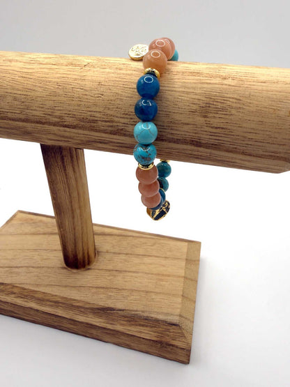 Ocean of Possibilities Bracelet with 8mm apatite, sunstone, and turquoise gemstones on stretch cord