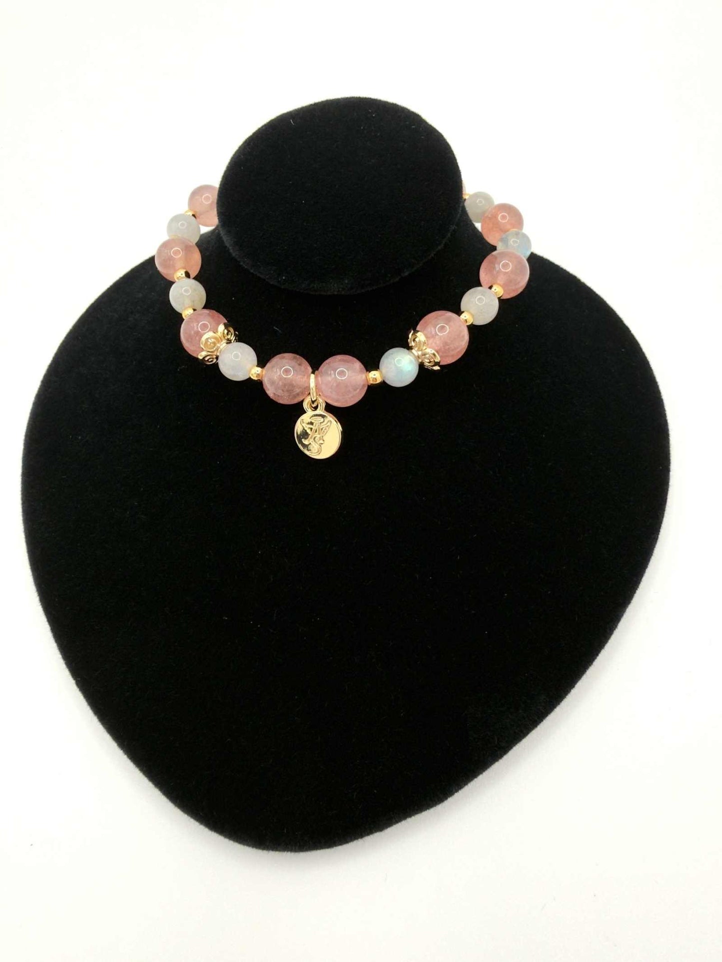 Love Compassion Bracelet featuring Strawberry Quartz and Labradorite with optional gold and pink heart charm