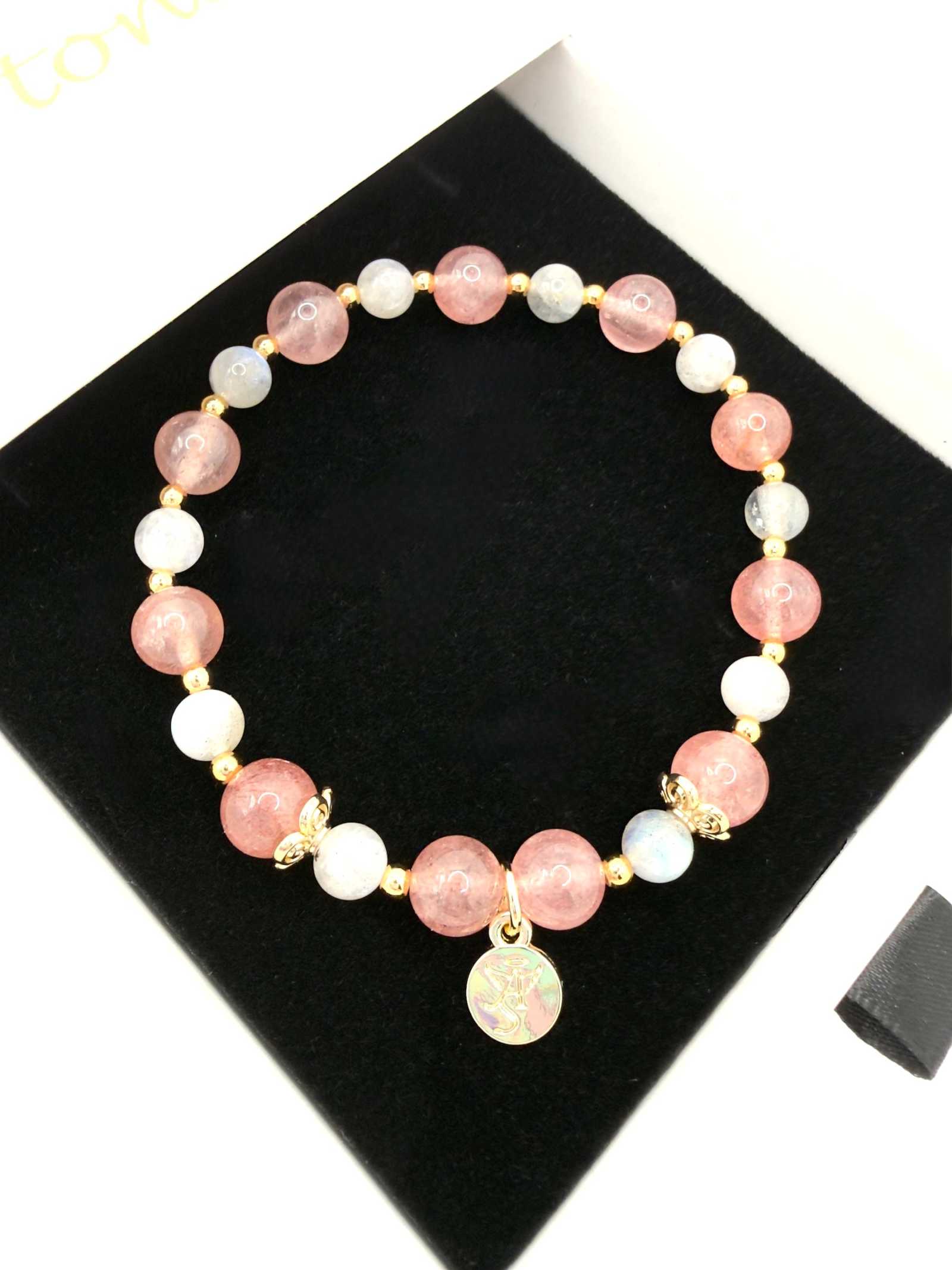 Love Compassion Bracelet featuring Strawberry Quartz and Labradorite with optional gold and pink heart charm