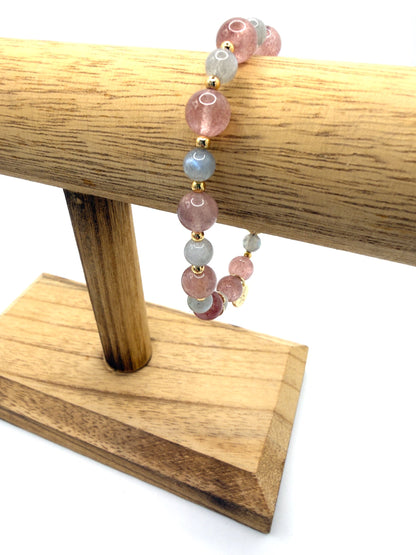 Love Compassion Bracelet featuring Strawberry Quartz and Labradorite with optional gold and pink heart charm