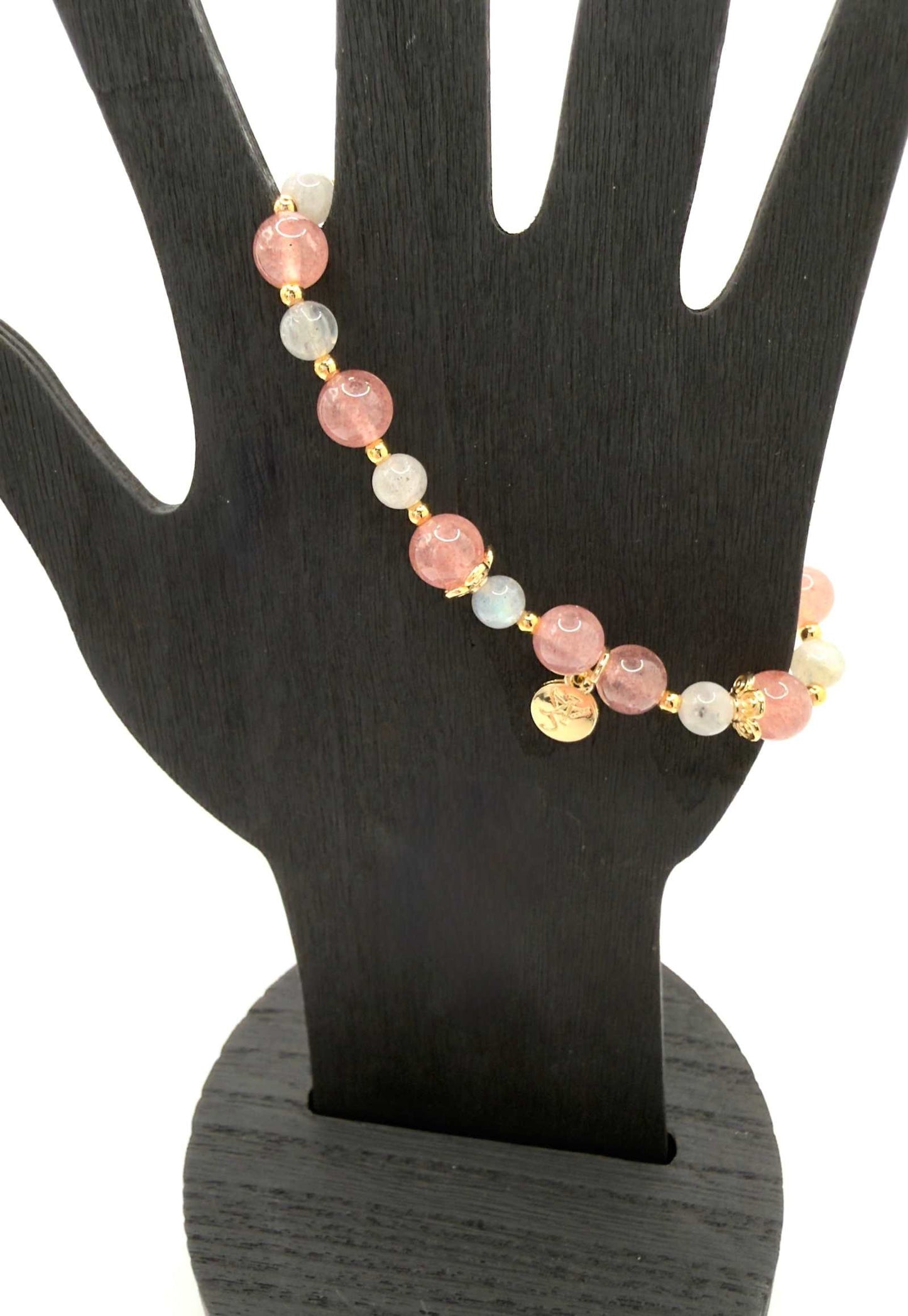 Love Compassion Bracelet featuring Strawberry Quartz and Labradorite beads with optional gold and pink heart charm