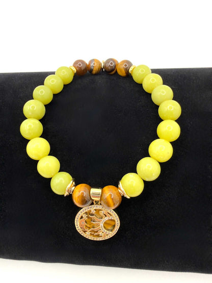 Strength Resilience Bracelet made with Serpentine, Tiger Eye stones, and optional Sun & Moon charm for balance and protection