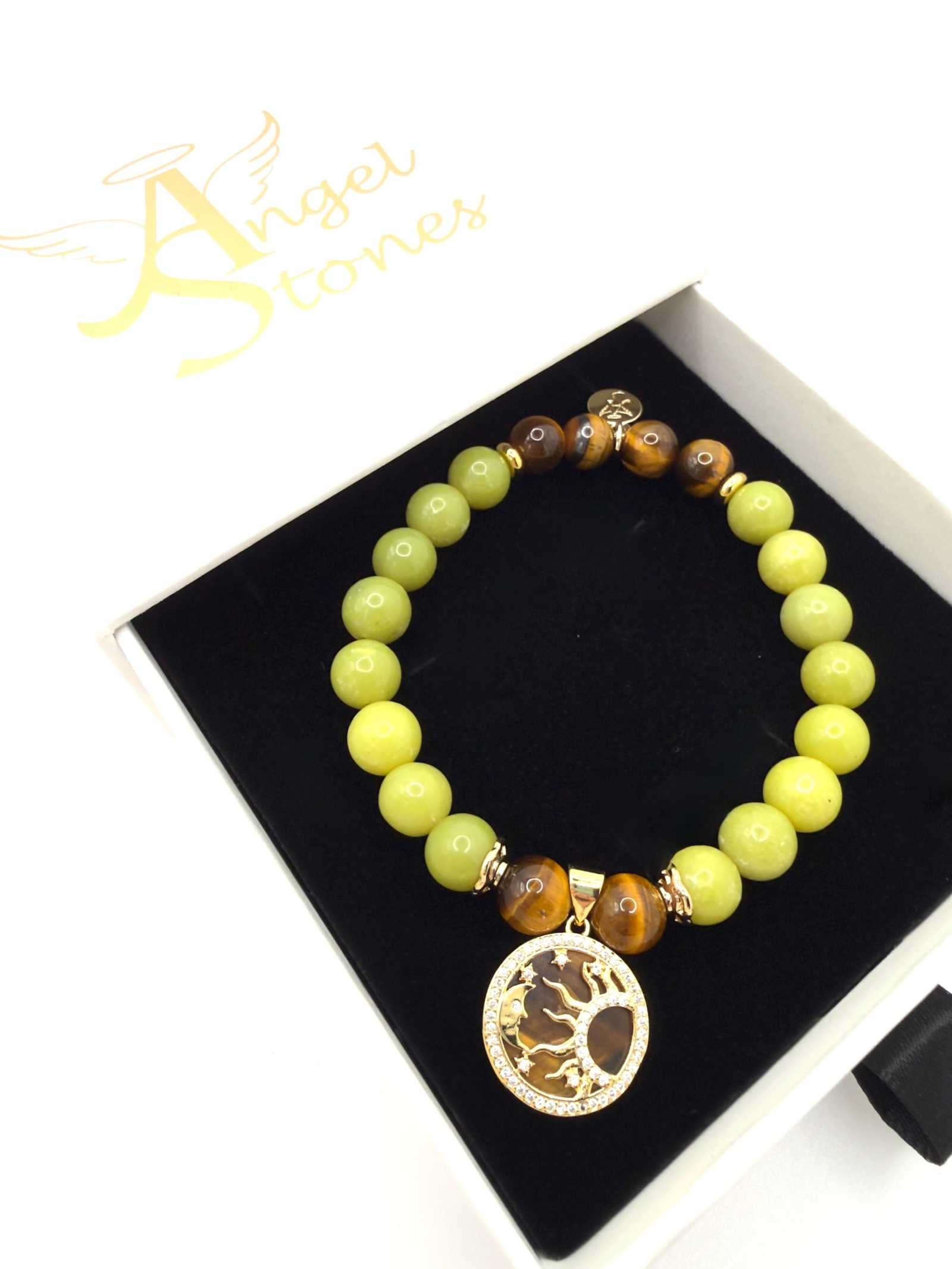 Strength Resilience Bracelet with Serpentine and Tiger Eye stones and optional Sun & Moon charm for balance and protection