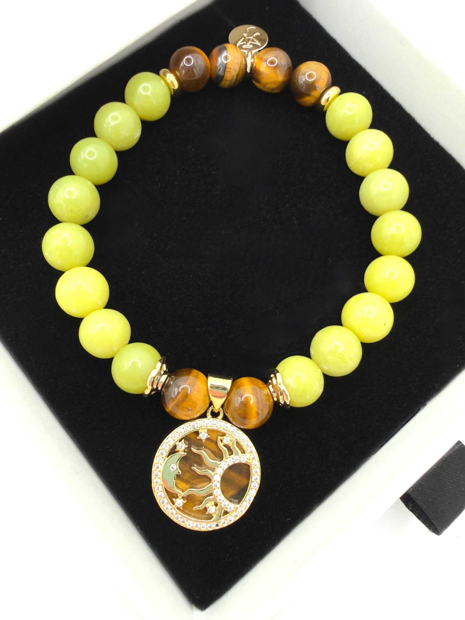 Strength Resilience Bracelet with Serpentine and Tiger Eye stones and optional Sun & Moon charm for balance and protection