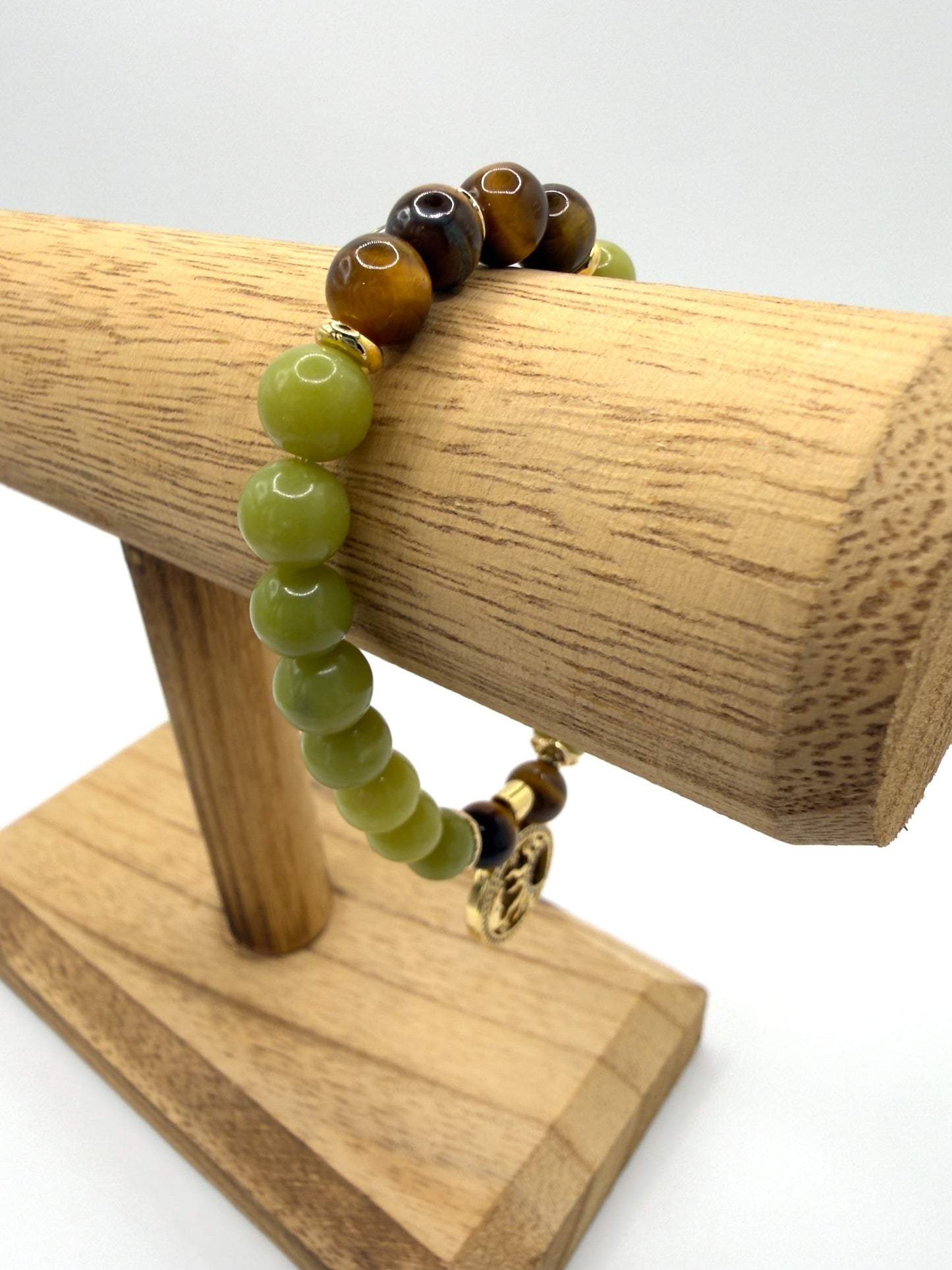 Strength Resilience Bracelet with Serpentine and Tiger Eye stones and optional Sun & Moon charm for balance and protection