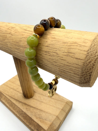 Strength Resilience Bracelet with Serpentine and Tiger Eye stones and optional Sun & Moon charm for balance and protection