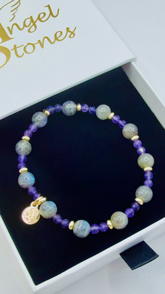Celestial Harmony Bracelet with labradorite and amethyst beads accented by gold spacers in a white and gold Angel Stones box
