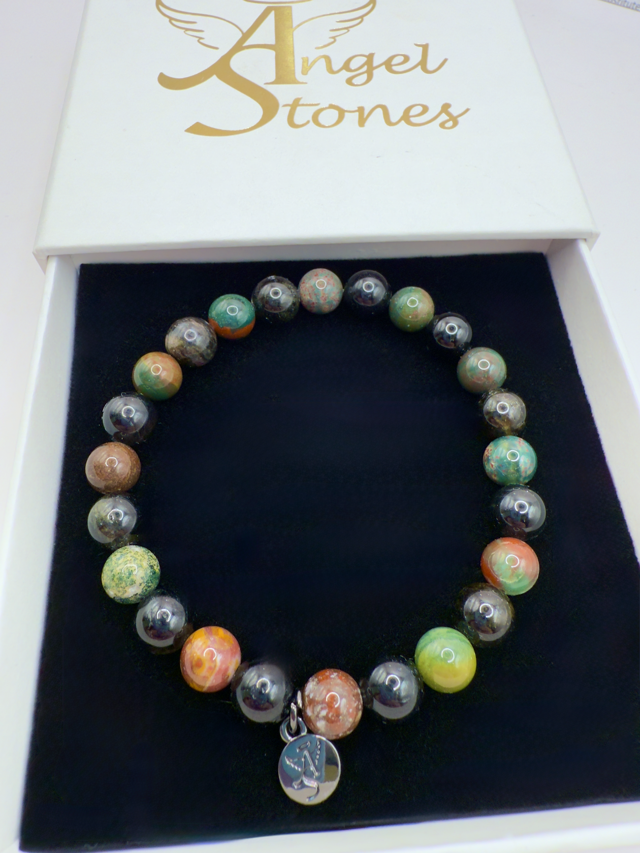 Black Tourmaline and Bloodstone protection bracelet with silver angel charm in gift box