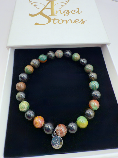 Black Tourmaline and Bloodstone protection bracelet with silver angel charm in gift box