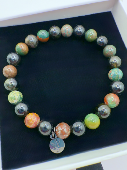 Black Tourmaline and Bloodstone protection bracelet with silver-plated charm in gift box