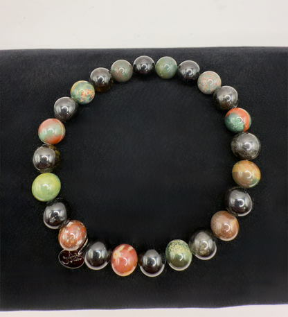 Black Tourmaline and Bloodstone protection bracelet with polished round beads and silver-plated charm