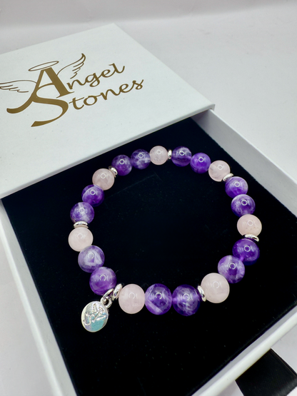 Harmony Bracelet with natural amethyst and rose quartz gemstone beads in Angel Stones gift box