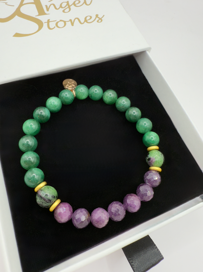 Limited edition Wicked Bracelets featuring green emerald, ruby, and zoisite beads in a stylish beaded design