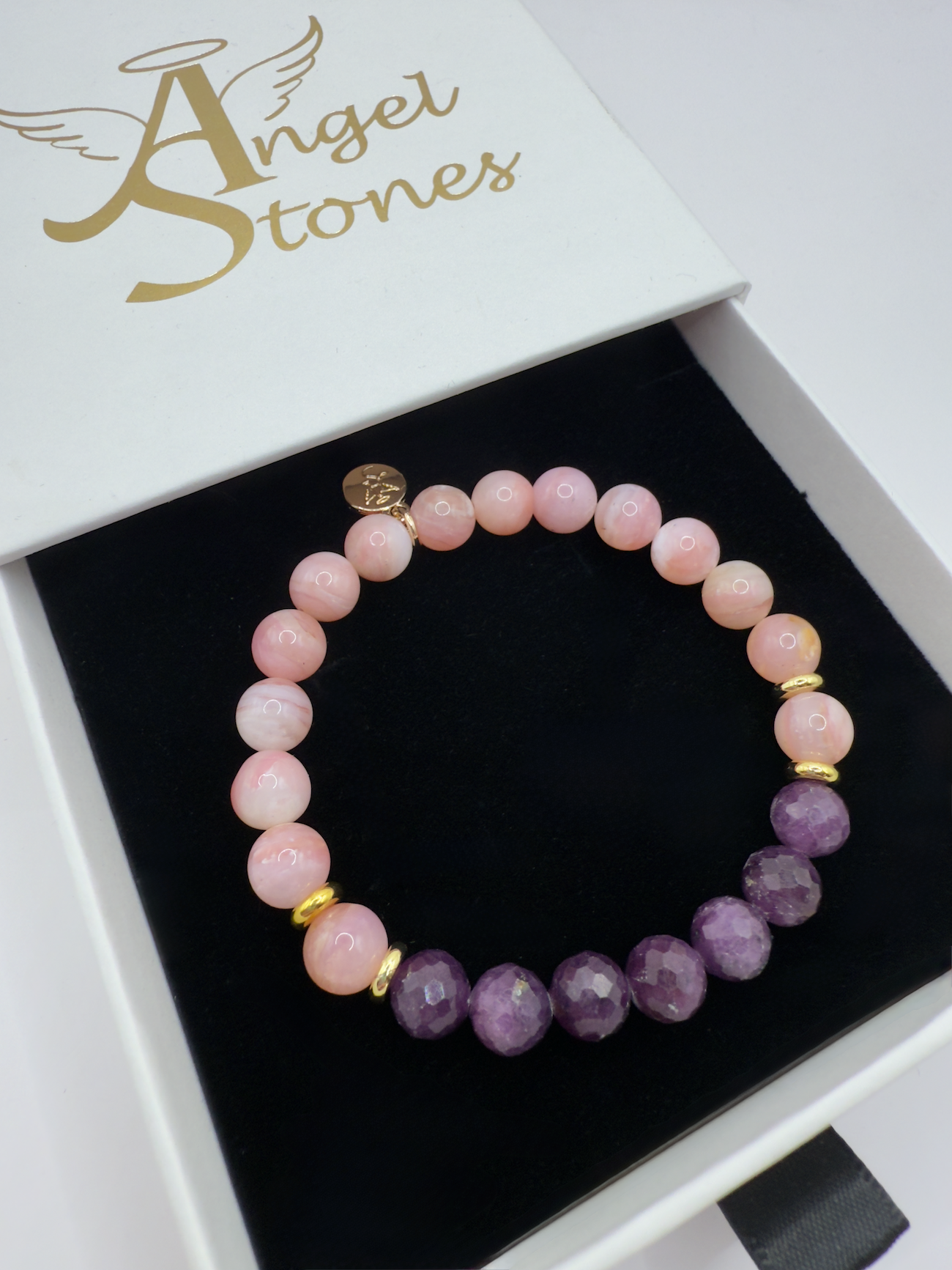Limited edition Wicked Bracelets Glinda pink opal and ruby gemstone bracelet in Angel Stones box