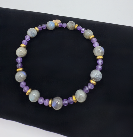 Celestial Harmony Bracelet with labradorite and amethyst beads accented by gold spacers on elastic band