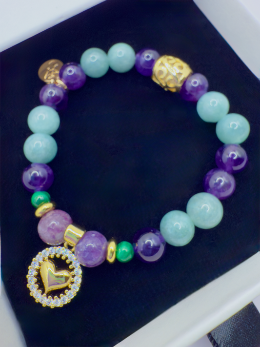 Prosperity Abundance Bracelet with Jade, Amethyst, Lepidolite, Malachite, and gold heart charm
