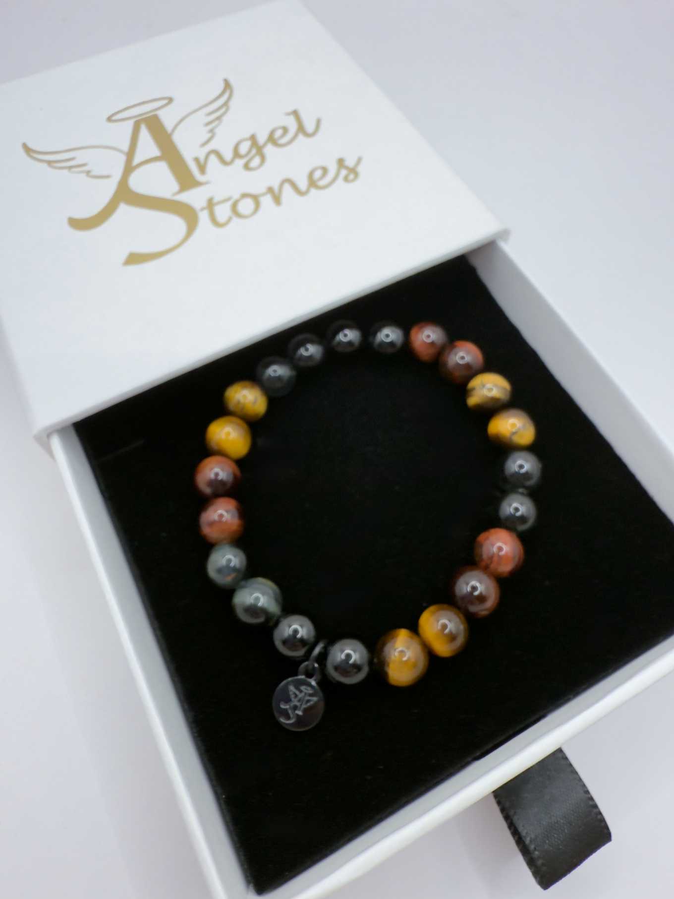 Superior Energy Protection Bracelet with Black Tourmaline and Yellow, Red, Blue Tiger Eye beads in Angel Stones box