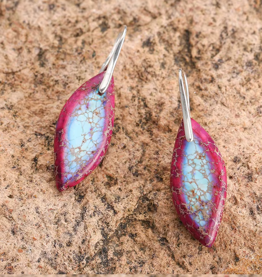 Amethyst Sky Jasper drop earrings featuring leaf-shaped jasper stones with red-purple edges and blue centers on silver-tone hooks.