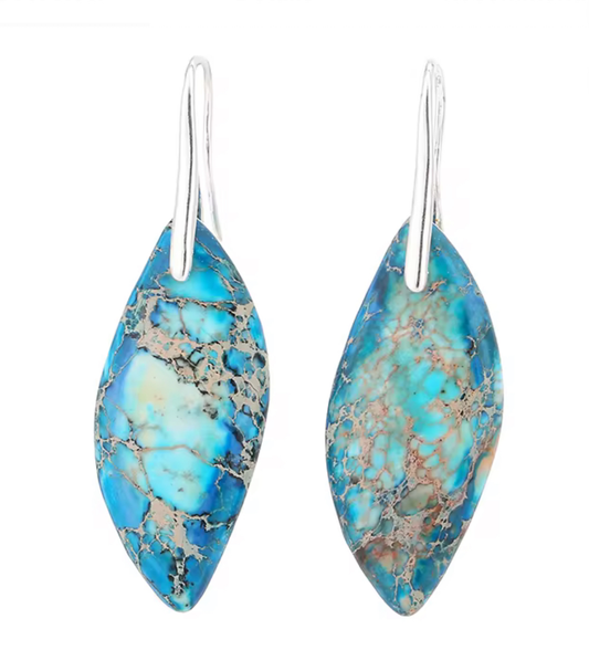 Blue Horizon Jasper Drop Earrings with marbled turquoise agate stones and silver-tone hooks in elongated leaf shape
