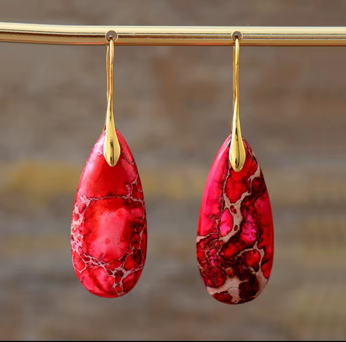 Crimson Current Jasper Drop Earrings with elongated teardrop red jasper stones and gold-tone hangers