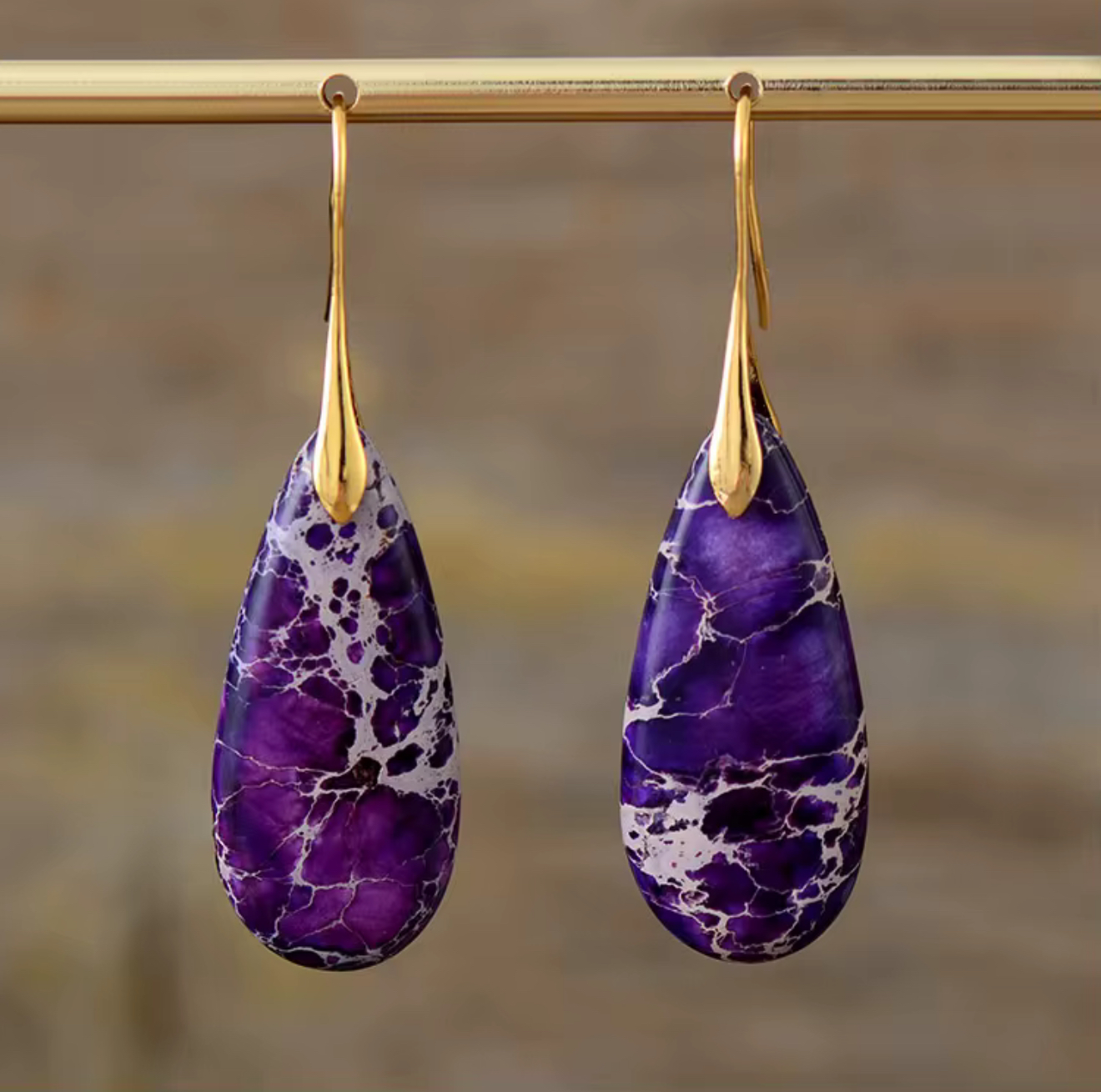 Royal Vein Jasper drop earrings with elongated teardrop purple jasper stones and gold-tone hooks