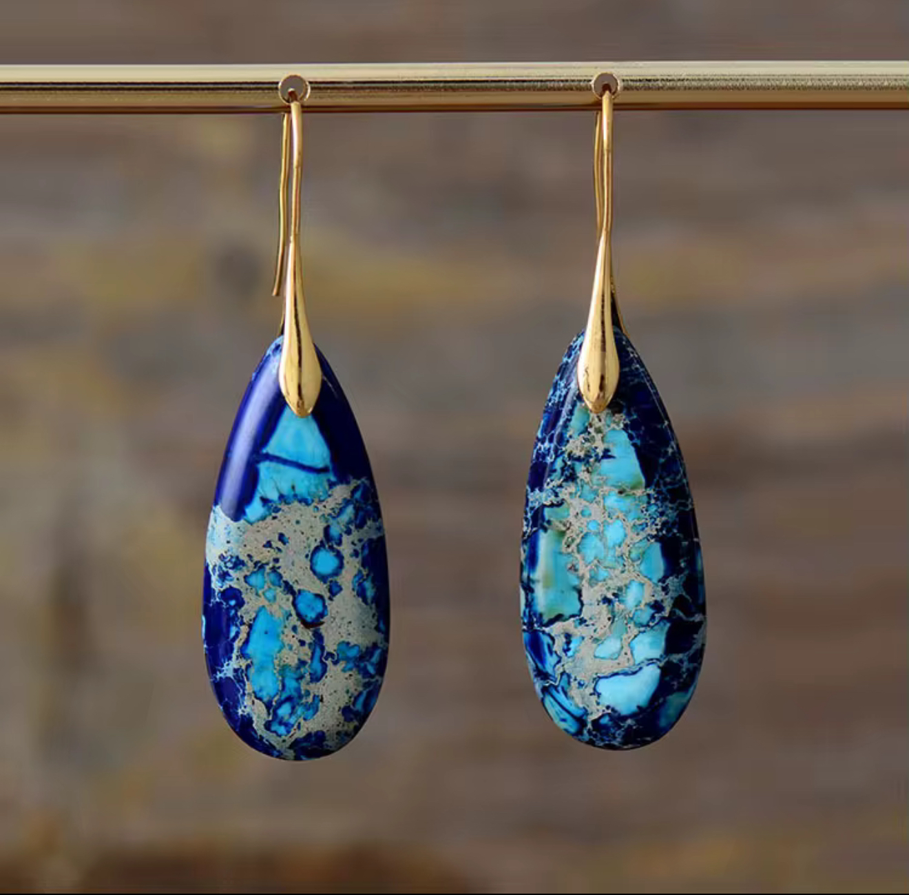 Deep Current Jasper Drop Earrings with elongated teardrop blue jasper stones and gold-tone hangers