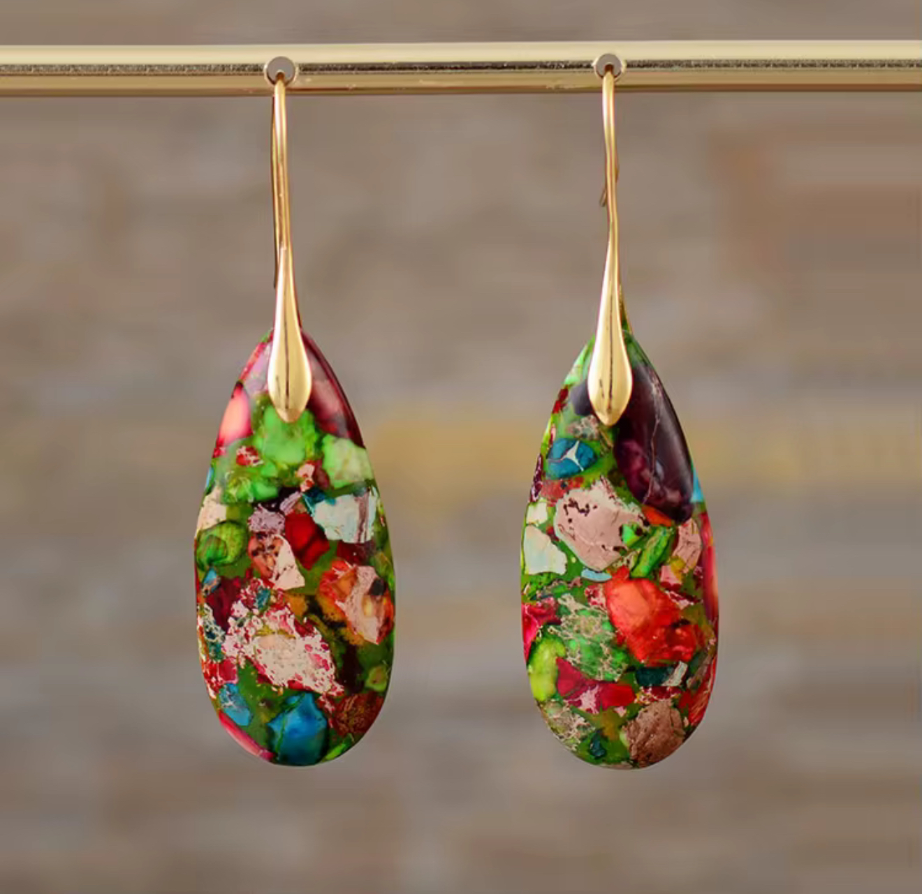 Wild Garden Jasper Drop Earrings with multicolor jasper teardrop stones and gold-tone hangers
