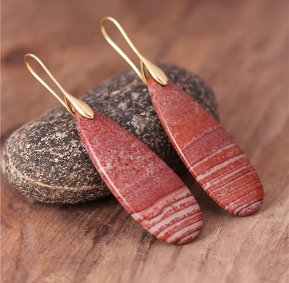 Desert Ember Jasper drop earrings with rust red and earth-toned elongated teardrop stones on gold-tone hooks
