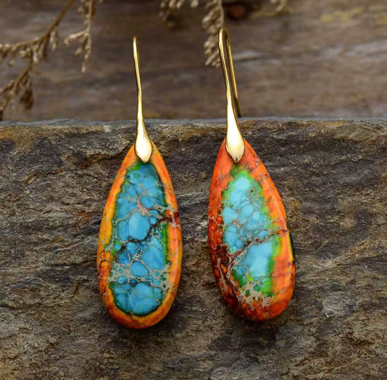 Sunfire Tide Drop Jasper Earrings with vibrant multicolored jasper teardrop stones and gold-tone hooks